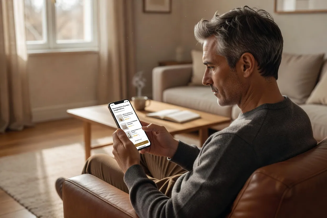 Client examinant sur smartphone des recommandations de produits complémentaires après un achat