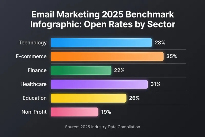 Infographie benchmark email marketing 2025 avec taux d'ouverture CTR et désinscriptions par secteur