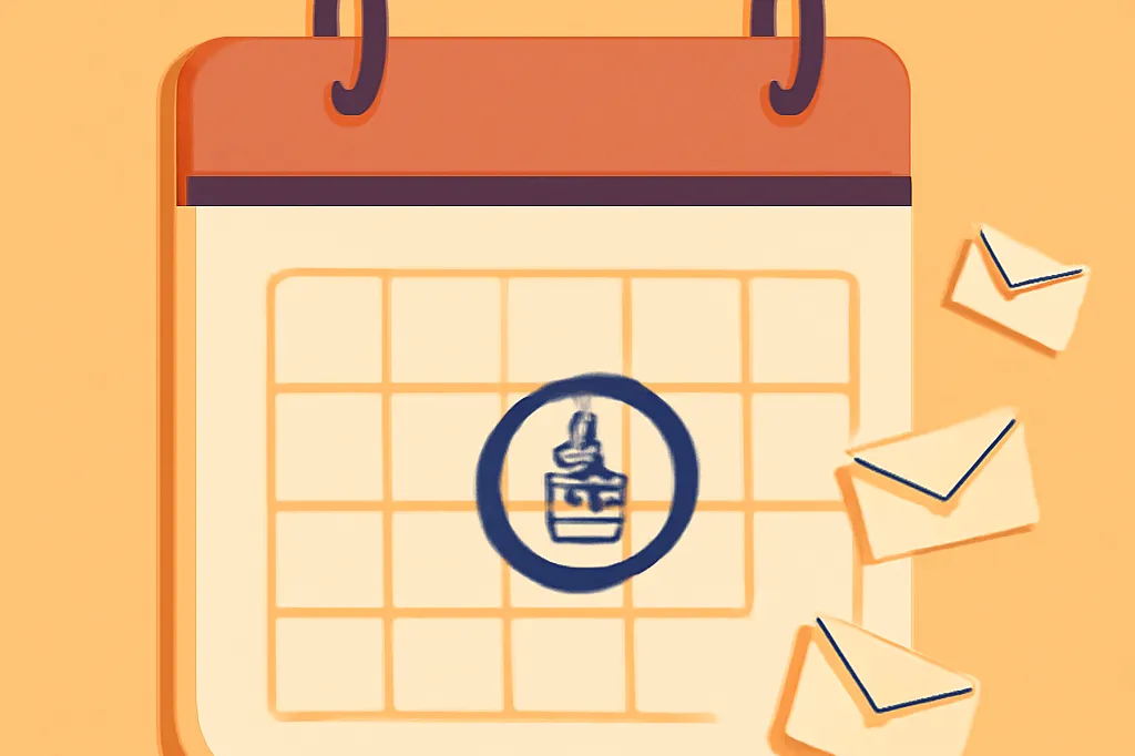 Calendrier avec une date d'anniversaire client entourée, entouré d'icônes de notification email