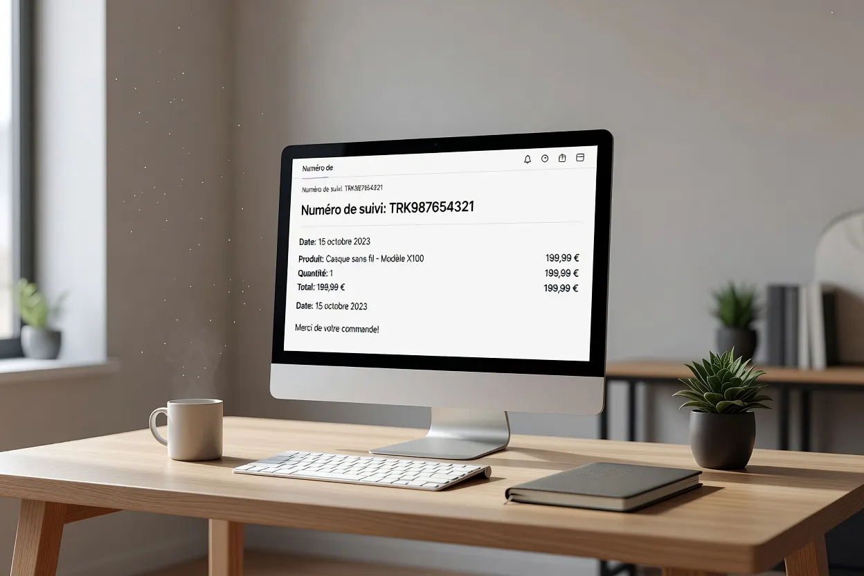 Email de confirmation de commande affiché sur un écran avec numéro de suivi visible