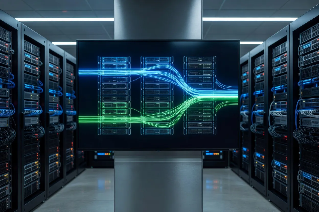 Architecture serveur avec deux flux d'envoi distincts représentés schématiquement