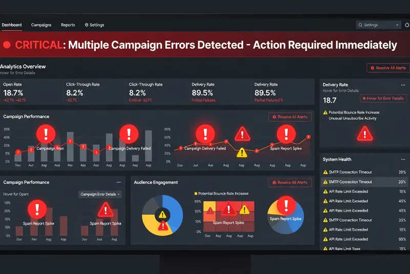 Tableau de bord email marketing avec indicateurs d'erreurs et d'alertes à corriger