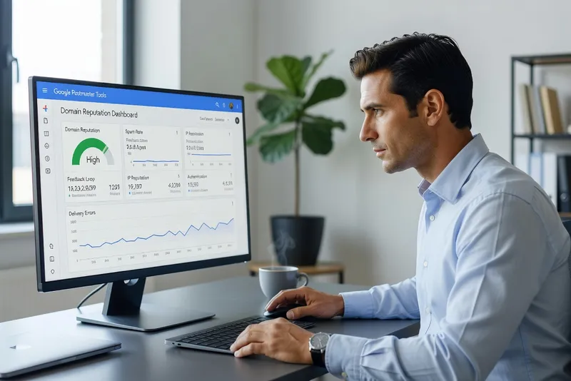 Expert en délivrabilité email analysant des rapports Google Postmaster Tools sur son écran