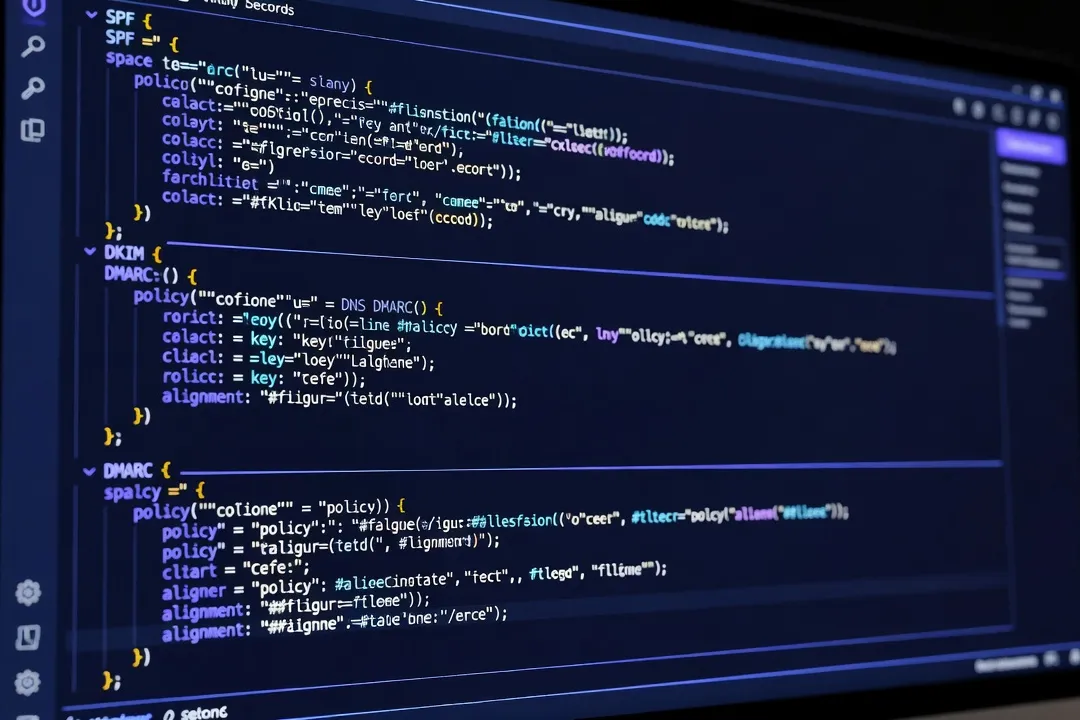 Écran de configuration DNS affichant les enregistrements SPF, DKIM et DMARC