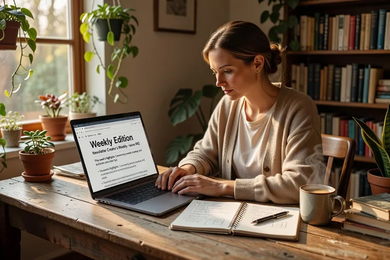 Créatrice de newsletter travaillant sur son édition hebdomadaire avec son carnet de notes