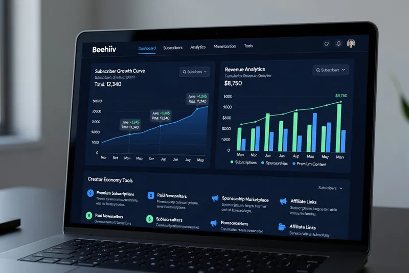 Tableau de bord Beehiiv d'une newsletter indépendante avec statistiques abonnés et revenus