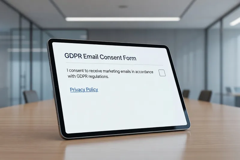 Formulaire d'inscription email conforme RGPD avec mentions légales et case à cocher