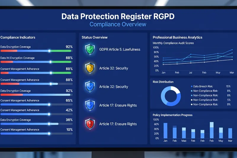 Registre des traitements RGPD sur tableau de bord numérique avec indicateurs de conformité